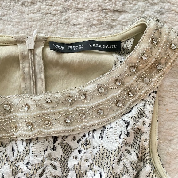 ZARA Cream Gray Gem Embellished Patterned Mini Fit and Flare Dress - Picture 4 of 8